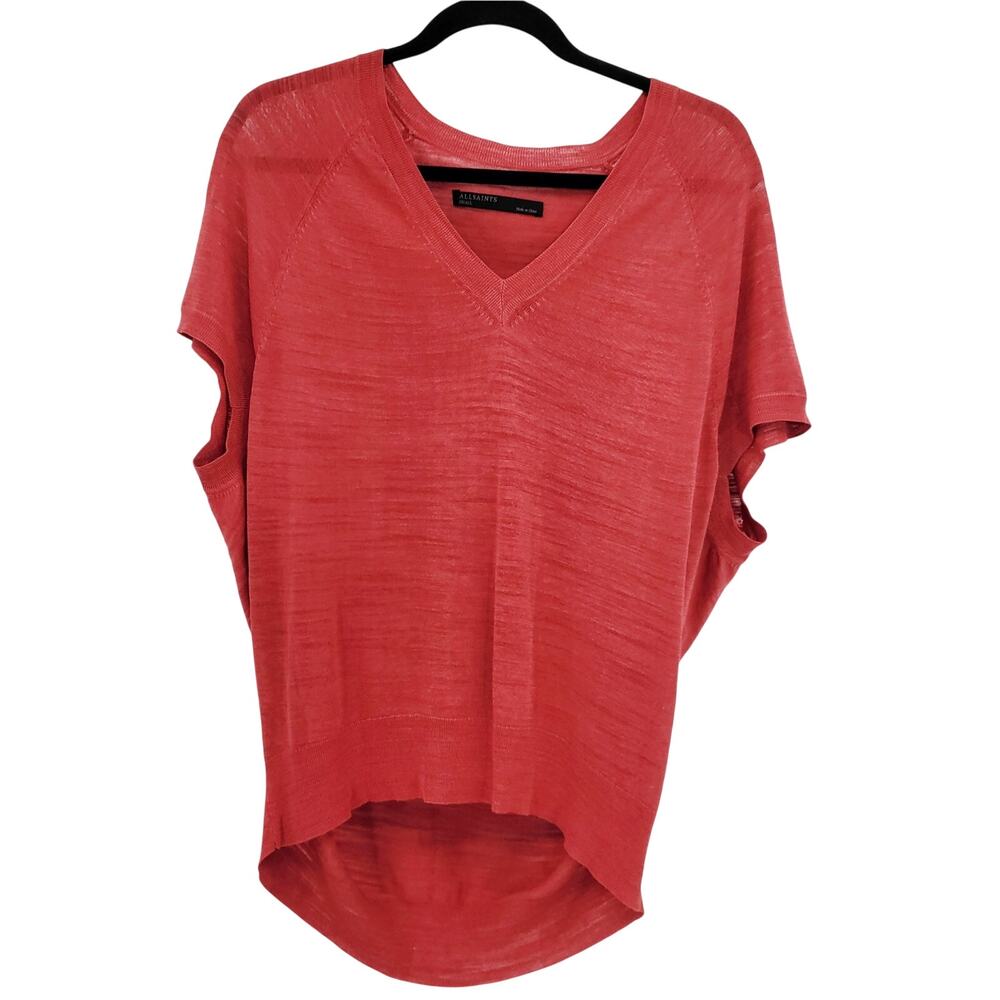 ALLSAINTS Bleach Balance Salmon Orange Lightweight Knit V-Neck T-Shirt Women's S